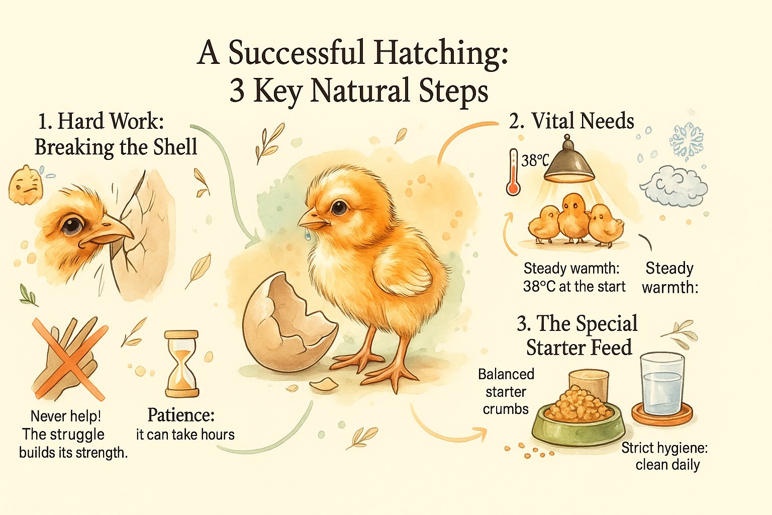 Infographic showing the 3 key steps of a successful chick hatching