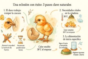 Infografía con los 3 pasos clave de una eclosión de pollito con éxito