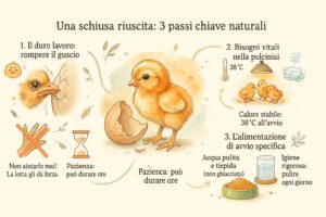 Infografica con i 3 passi chiave di una schiusa di pulcino riuscita