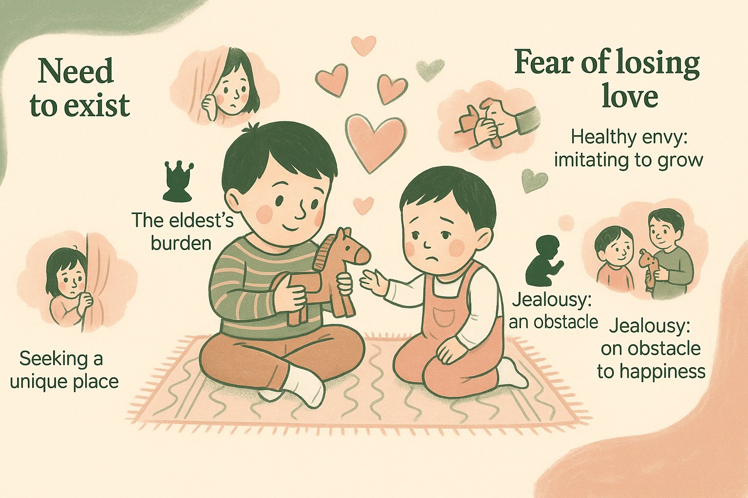 Two children sharing a toy while small thought bubbles show their hidden emotions and needs
