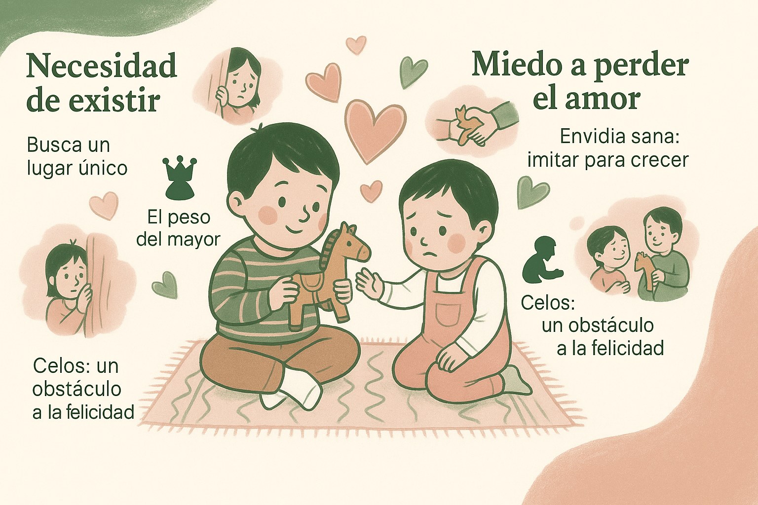 Dos niños compartiendo un juguete mientras unas burbujas de pensamiento muestran sus emociones ocultas