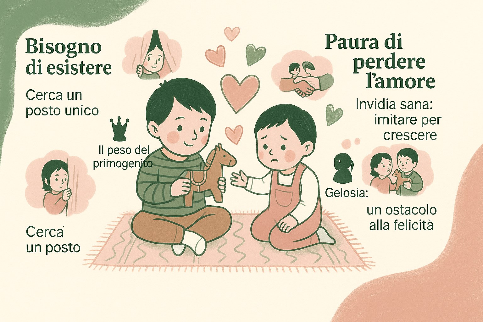 Due bambini che condividono un giocattolo mentre delle nuvolette mostrano le loro emozioni nascoste