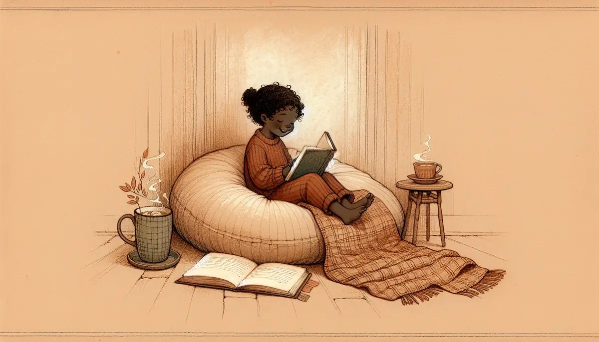 Smiling child curled up on a cushion with an open book on their lap