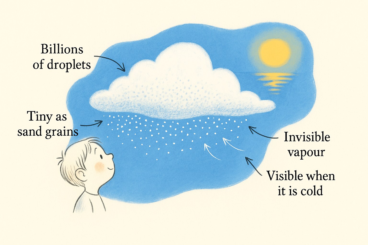 Illustration of a child looking up at a cloud, showing billions of droplets, invisible vapour and how clouds become visible when it is cold