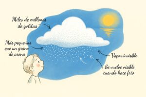 Ilustración de un niño mirando una nube, que muestra miles de millones de gotitas, el vapor invisible y cómo las nubes se vuelven visibles cuando hace frío