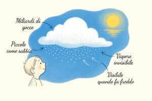Illustrazione di un bambino che guarda una nuvola, con miliardi di goccioline, il vapore invisibile e come le nuvole diventano visibili quando fa freddo