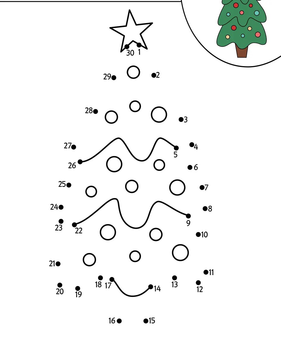 Christmas connect-the-dots: decorated tree from 1 to 30 to print