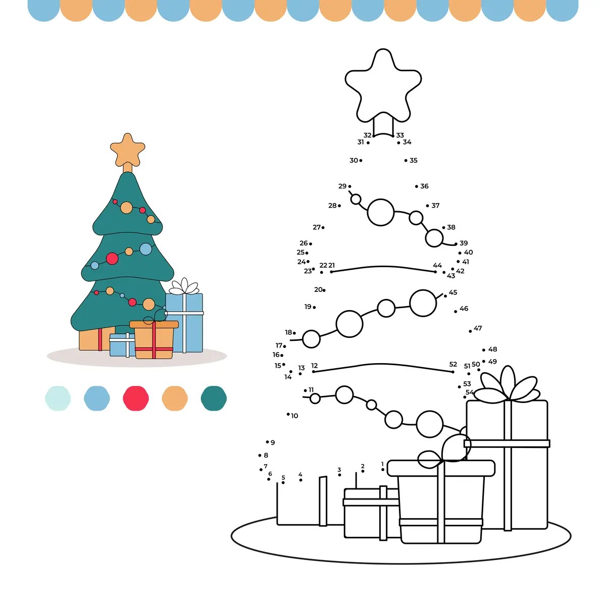 Christmas connect-the-dots: tree and presents from 1 to 54 to print