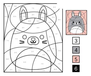 Printable magic colouring sheet of a rabbit: addition sums with answers from 3 to 6