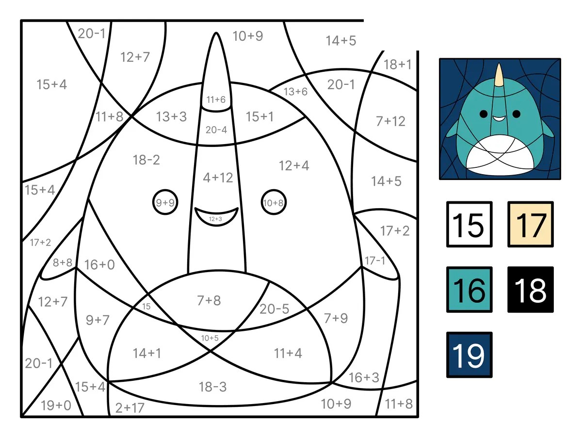 Printable magic colouring sheet of a narwhal: addition and subtraction up to 20