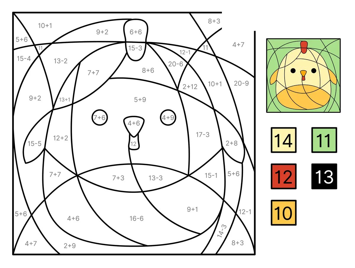 Printable magic colouring sheet of a chick: sums with answers from 10 to 14