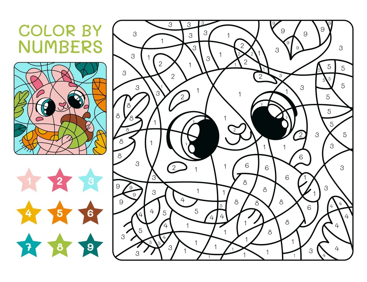 Colour-by-code kitten with an acorn to print (9 colours)