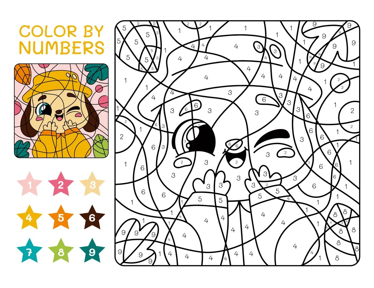 Colour-by-code dog in a yellow raincoat to print (9 colours)