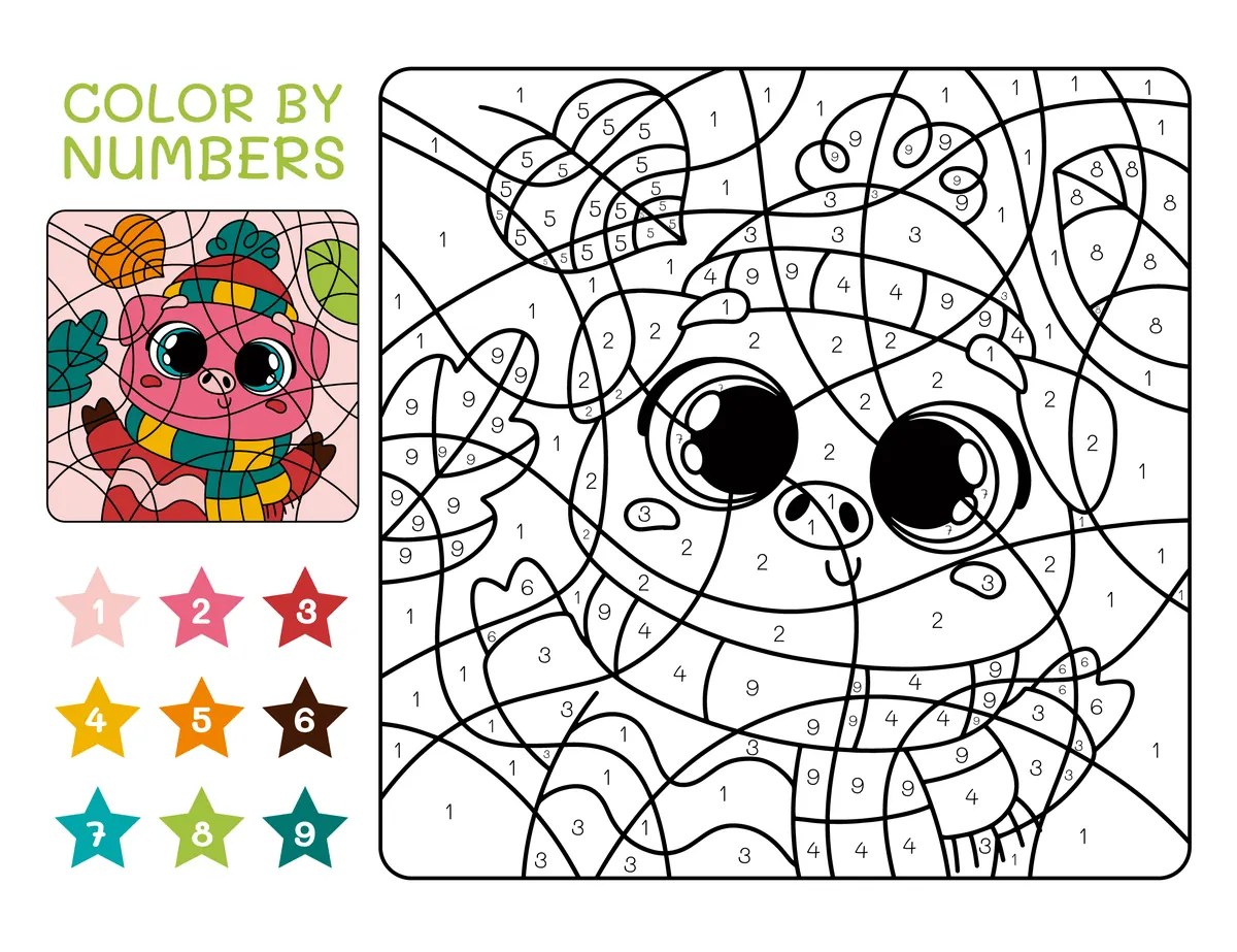 Colour-by-code pig in a woolly hat to print (9 colours)