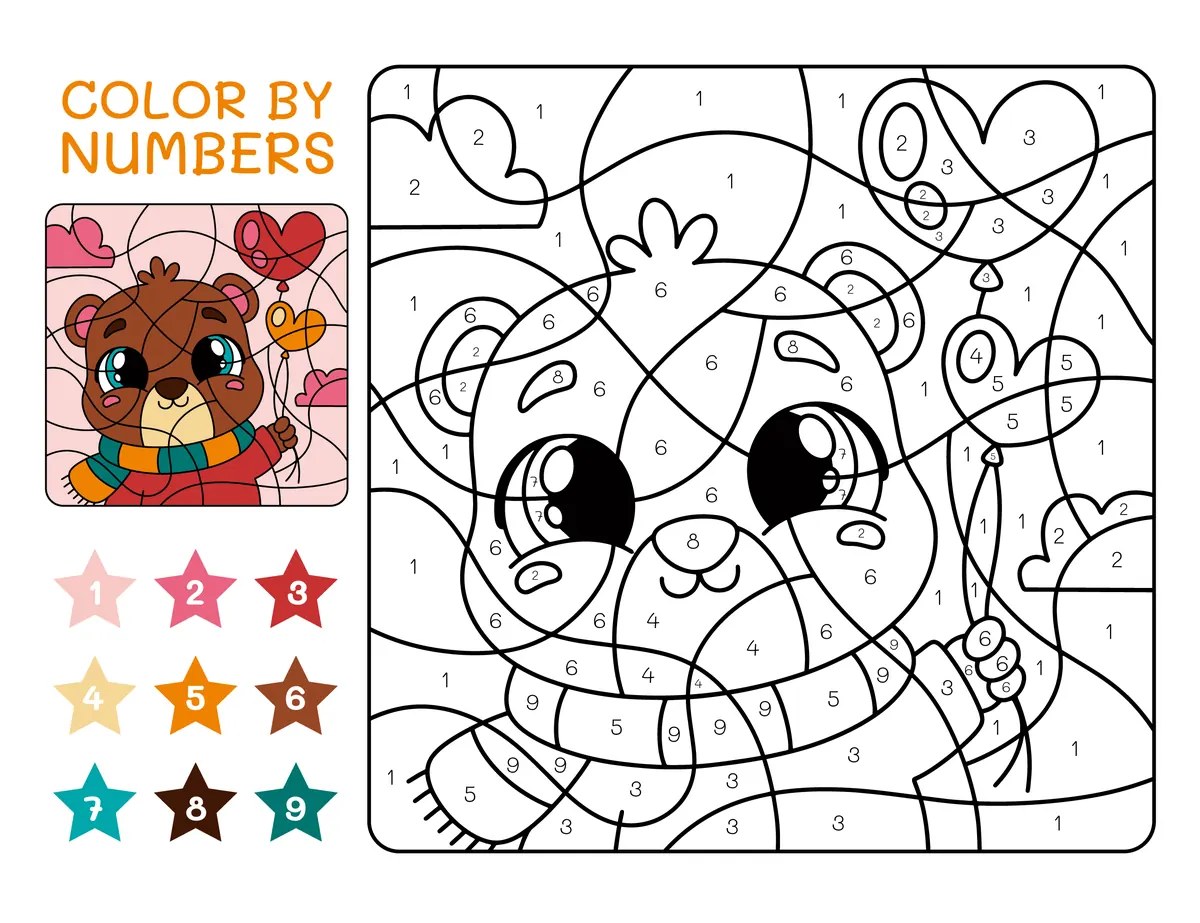 Colour-by-code teddy bear with balloons to print (9 colours)