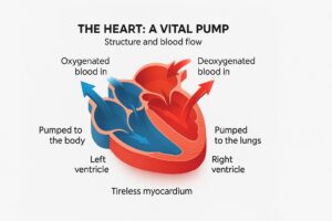 Isometric diagram of the human heart showing the four chambers, left and right ventricles, the myocardium and the blood flow, labelled in English