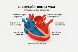 Diagrama isométrico del corazón humano que muestra las cuatro cavidades, los ventrículos izquierdo y derecho, el miocardio y el flujo de la sangre, con etiquetas en español