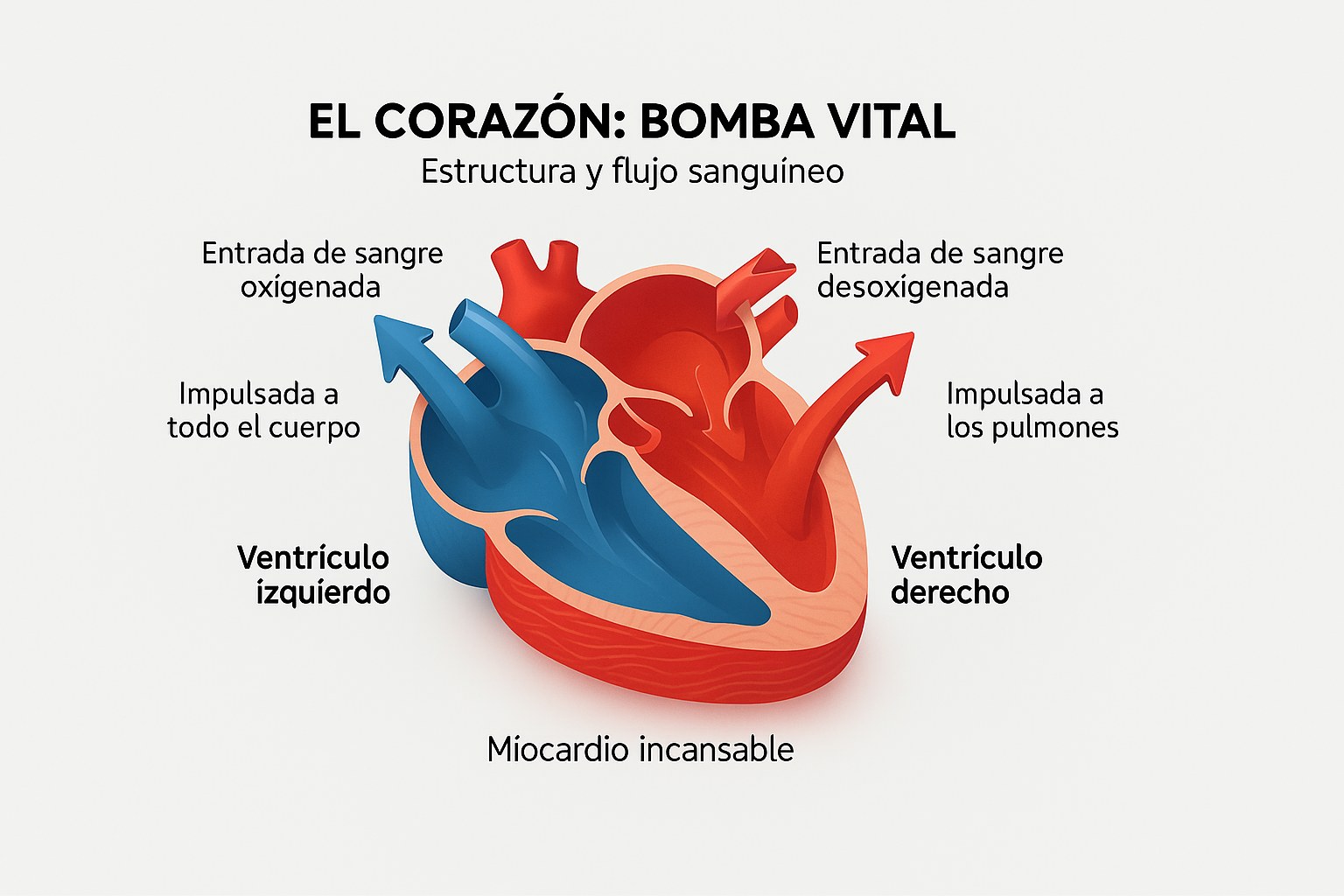 Diagrama isométrico del corazón humano que muestra las cuatro cavidades, los ventrículos izquierdo y derecho, el miocardio y el flujo de la sangre, con etiquetas en español
