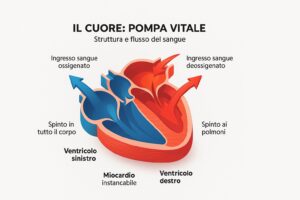 Schema isometrico del cuore umano che mostra le quattro cavità, i ventricoli sinistro e destro, il miocardio e il flusso del sangue, con etichette in italiano