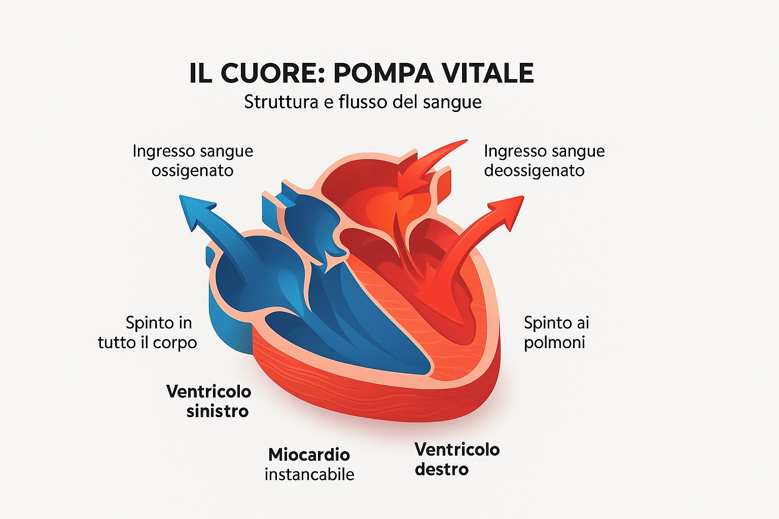 Schema isometrico del cuore umano che mostra le quattro cavità, i ventricoli sinistro e destro, il miocardio e il flusso del sangue, con etichette in italiano