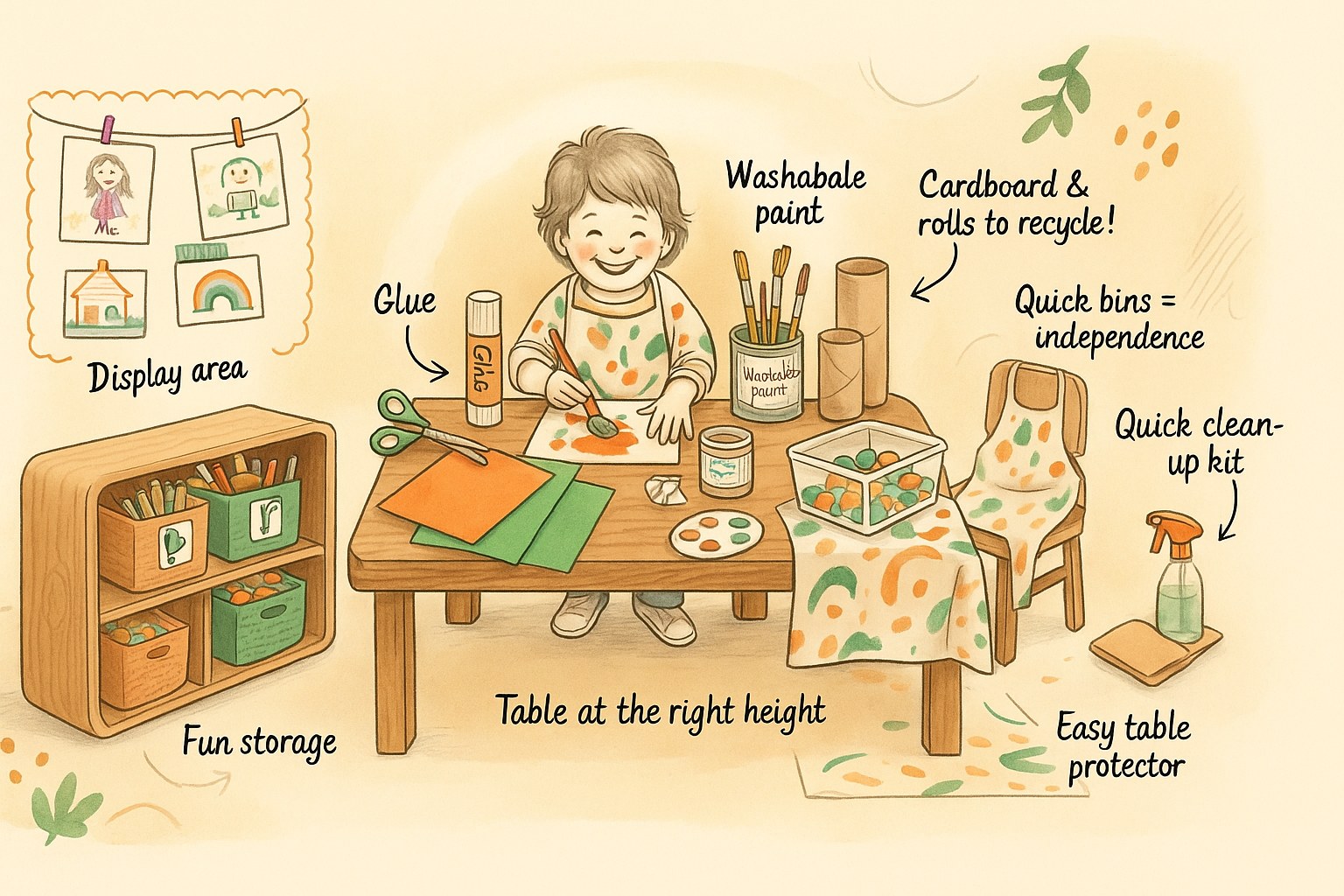 Child's tidy craft corner with storage bins, washable paint, recycled cardboard and a display area, each labelled in English