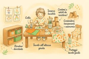 Angolo creativo ordinato con contenitori, tempera lavabile, cartoni riciclati e una zona espositiva, con etichette in italiano