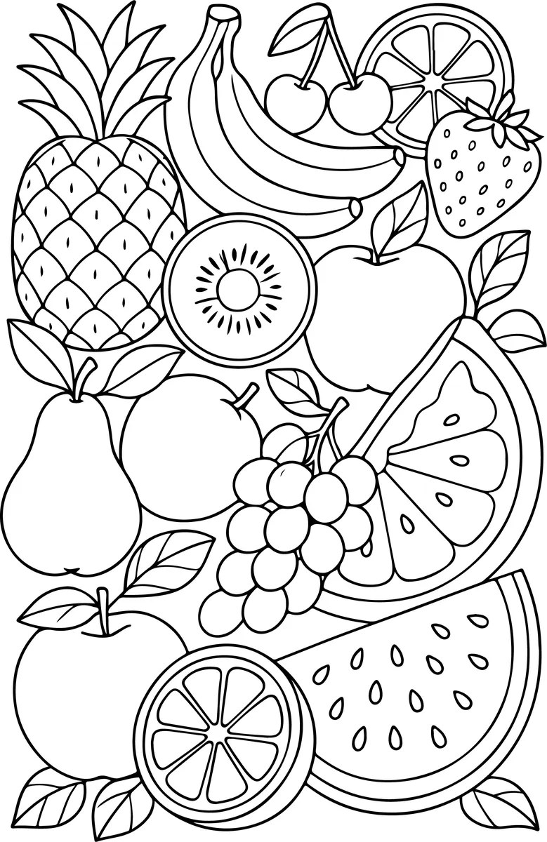 Dibujo de un surtido de fruta fresca para colorear e imprimir
