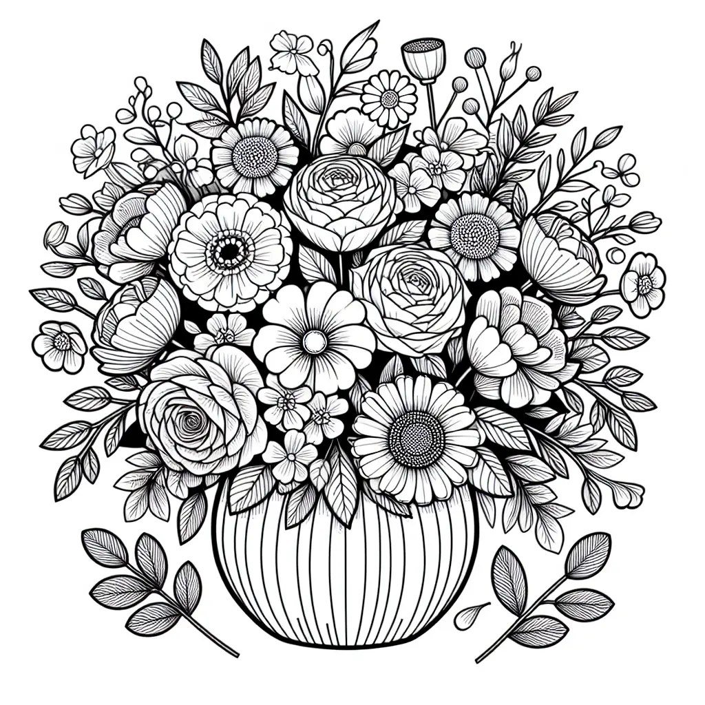 Colouring page of a mixed flower bouquet to print