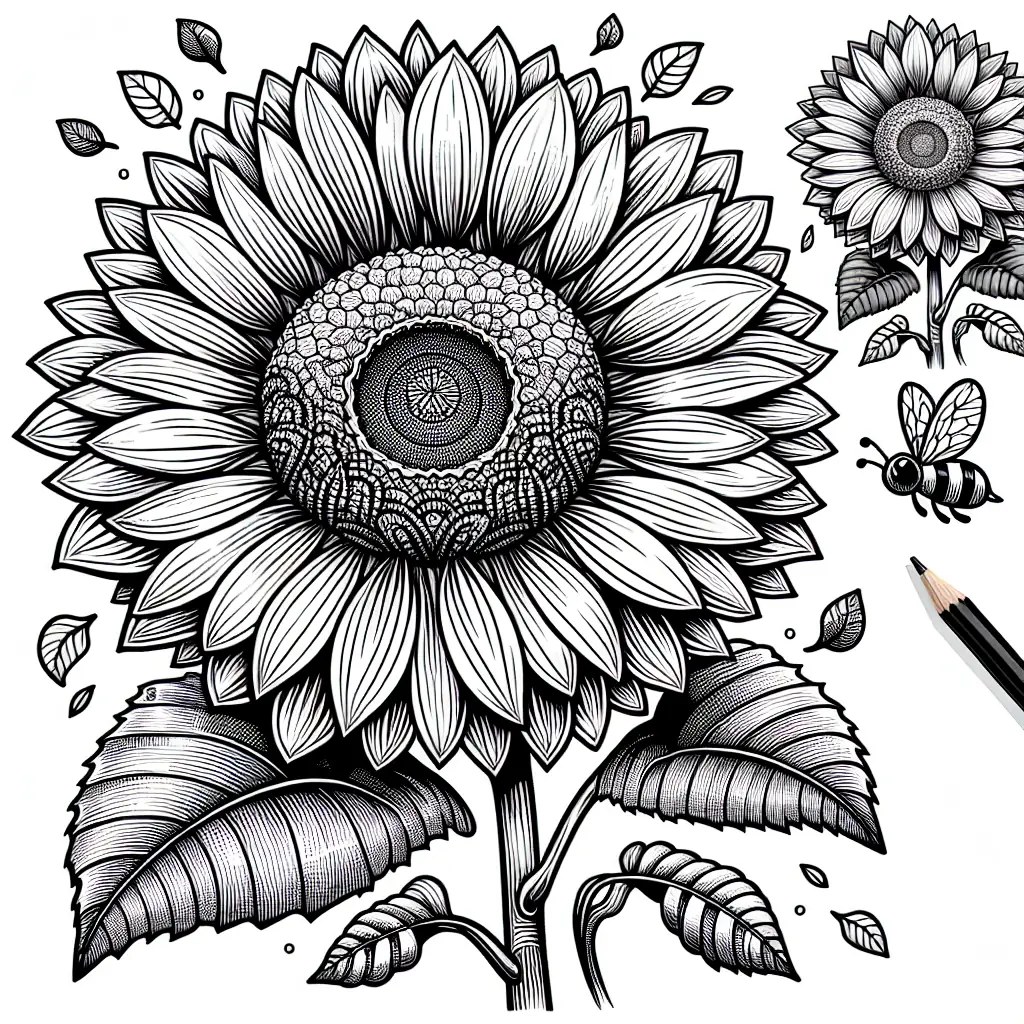 Colouring page of a sunflower with a busy bee to print