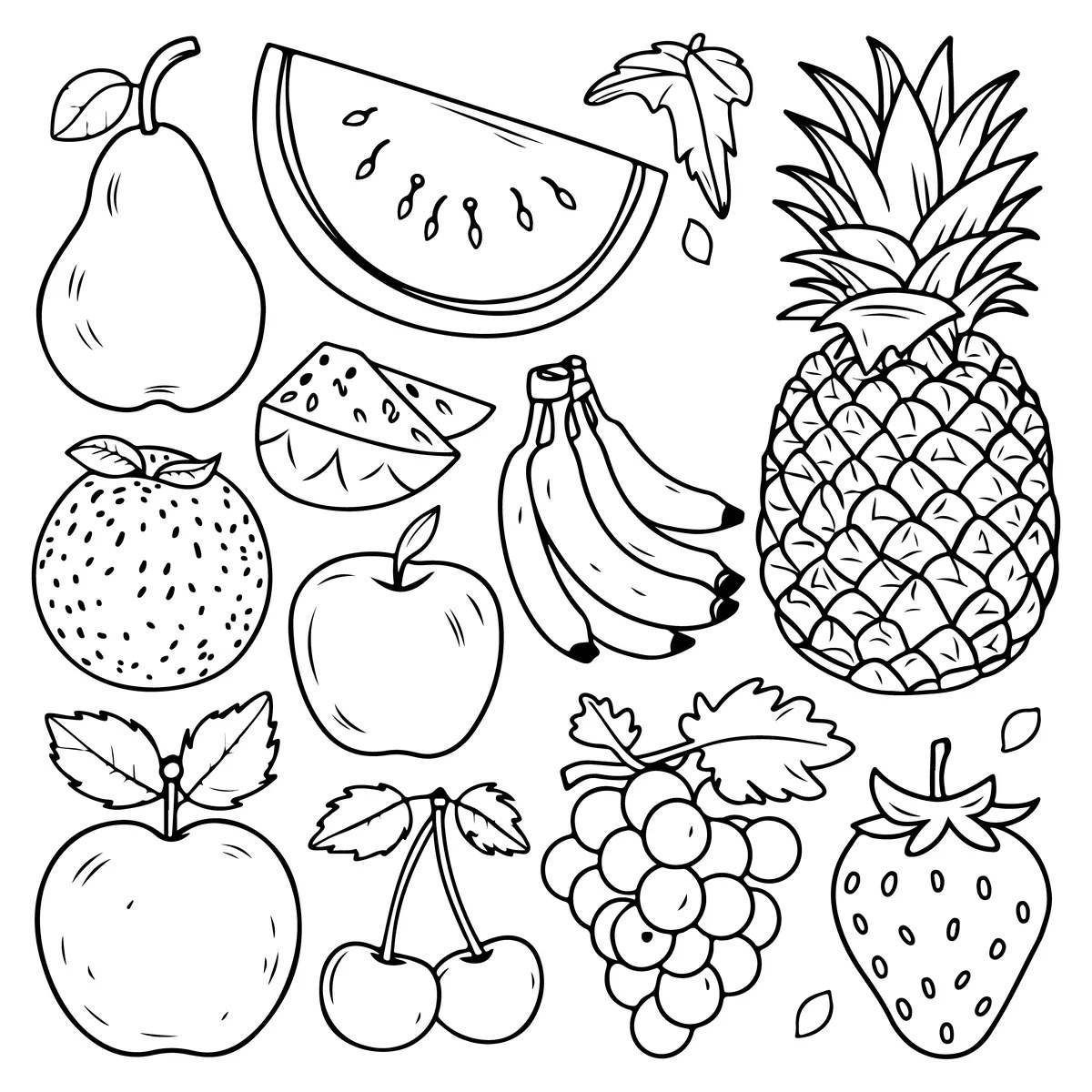 Gran lámina de fruta variada para colorear e imprimir