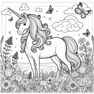 unicorn in a flowery meadow colouring page to print