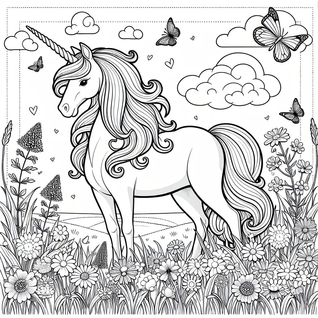unicorn in a flowery meadow colouring page to print
