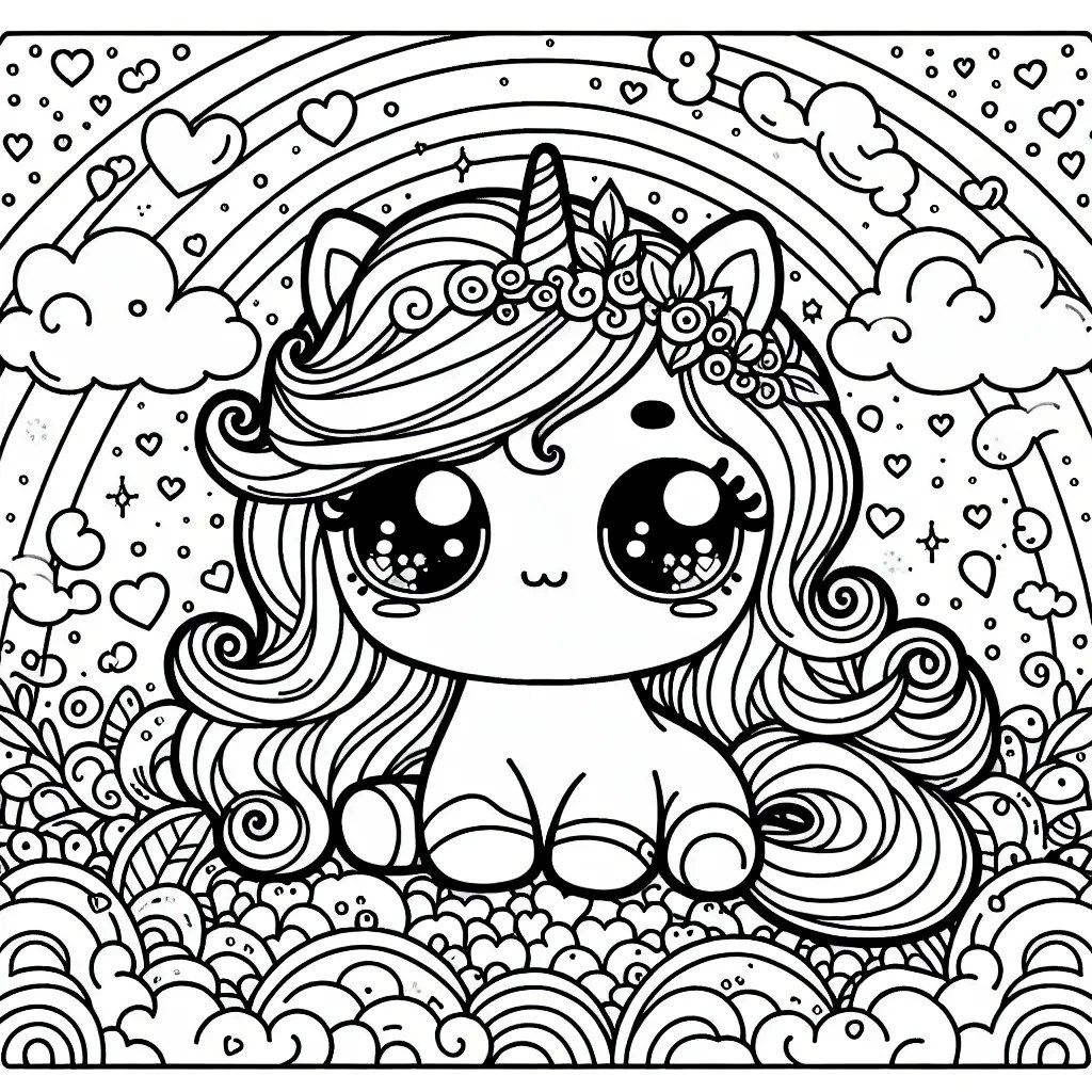 kawaii unicorn with little hearts colouring page to print