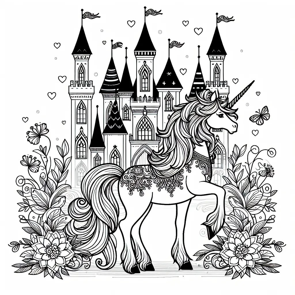 unicorn in front of a princess castle colouring page to print
