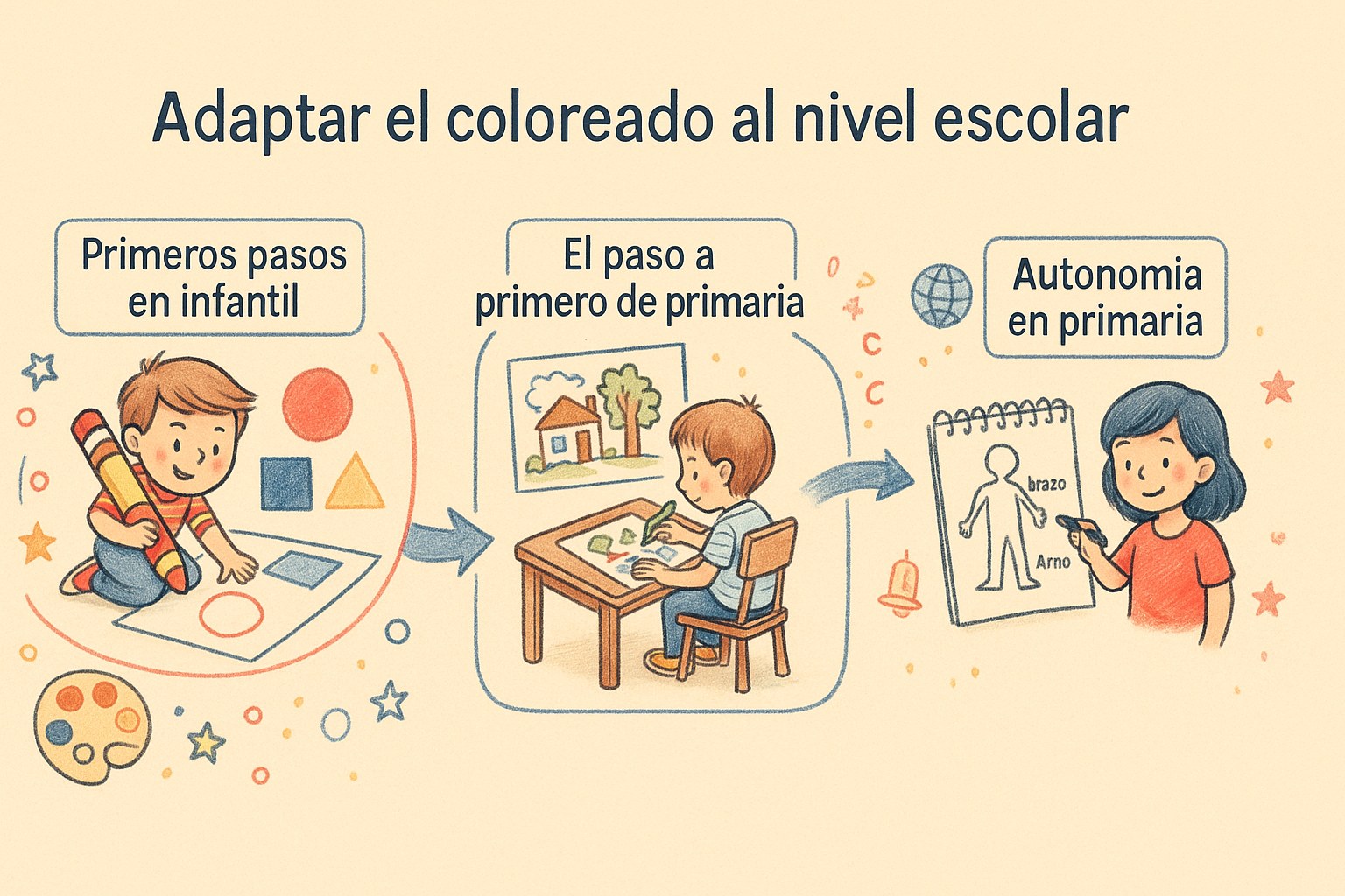 Infografía con tres pasos para adaptar el coloreado al nivel escolar del niño, desde infantil hasta primaria