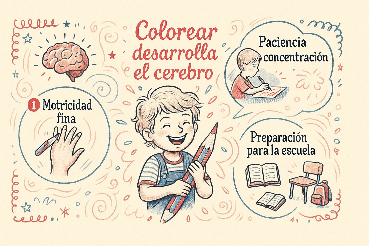 Infografía colorida que muestra cómo colorear desarrolla el cerebro del niño: motricidad fina, paciencia y preparación para la escuela