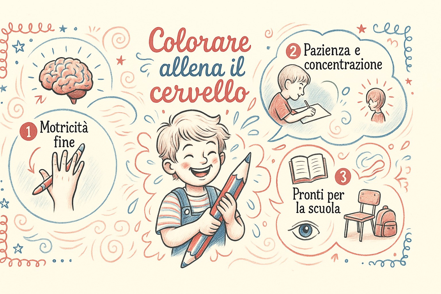 Infografica colorata che mostra come colorare allena il cervello del bambino: motricità fine, pazienza e preparazione alla scuola