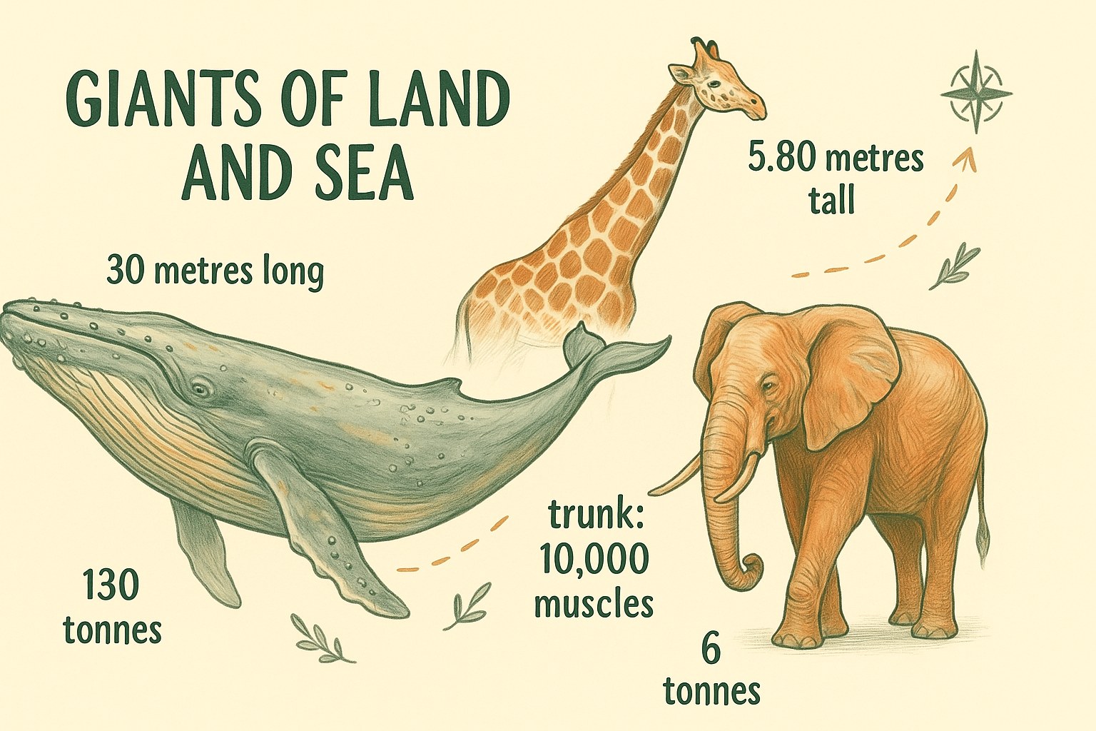 Illustration of a blue whale and an African elephant, the giants of nature