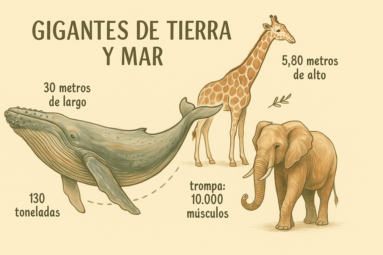 Ilustración de una ballena azul y un elefante africano, los gigantes de la naturaleza