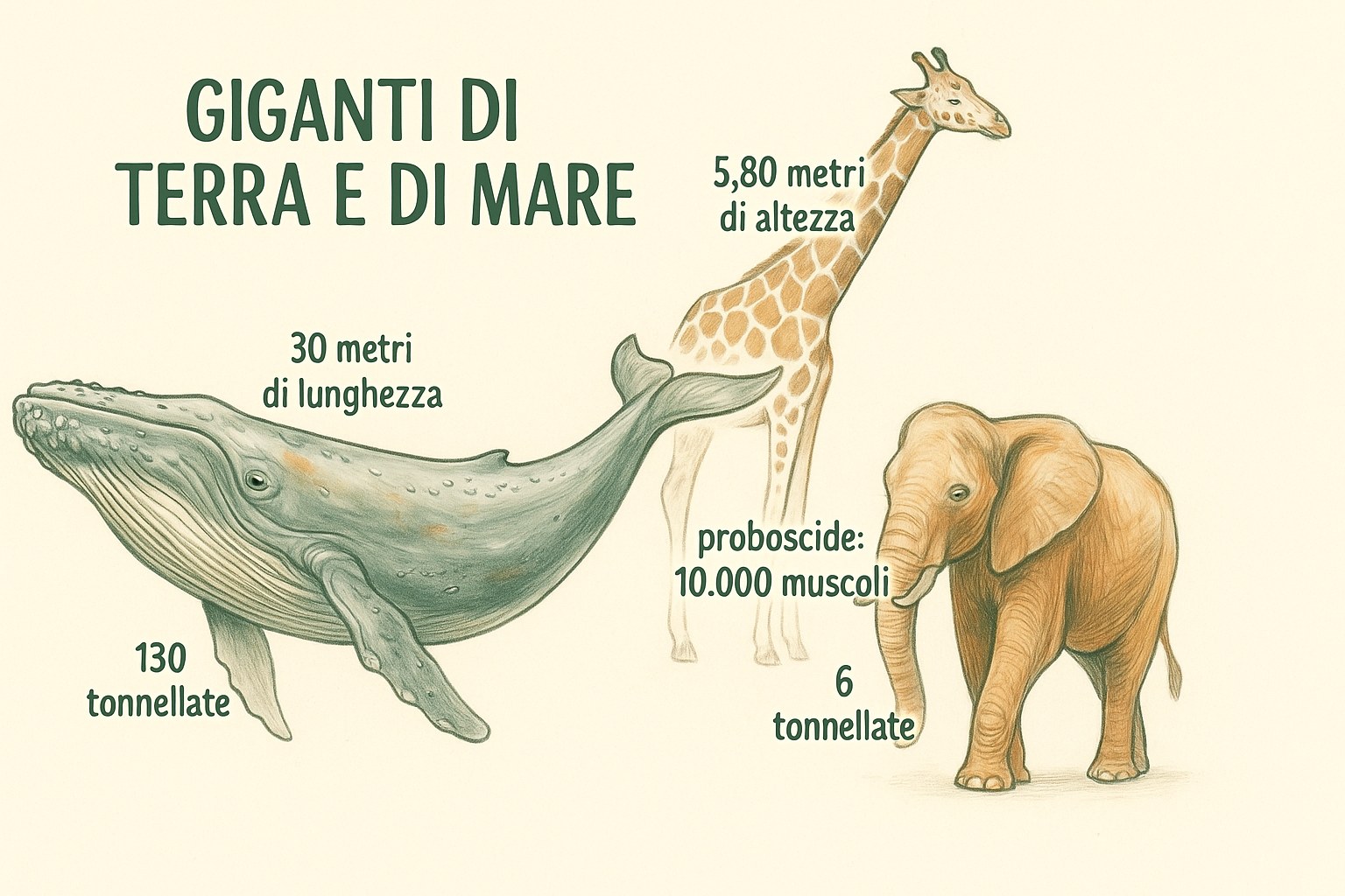Illustrazione di una balenottera azzurra e di un elefante africano, i giganti della natura