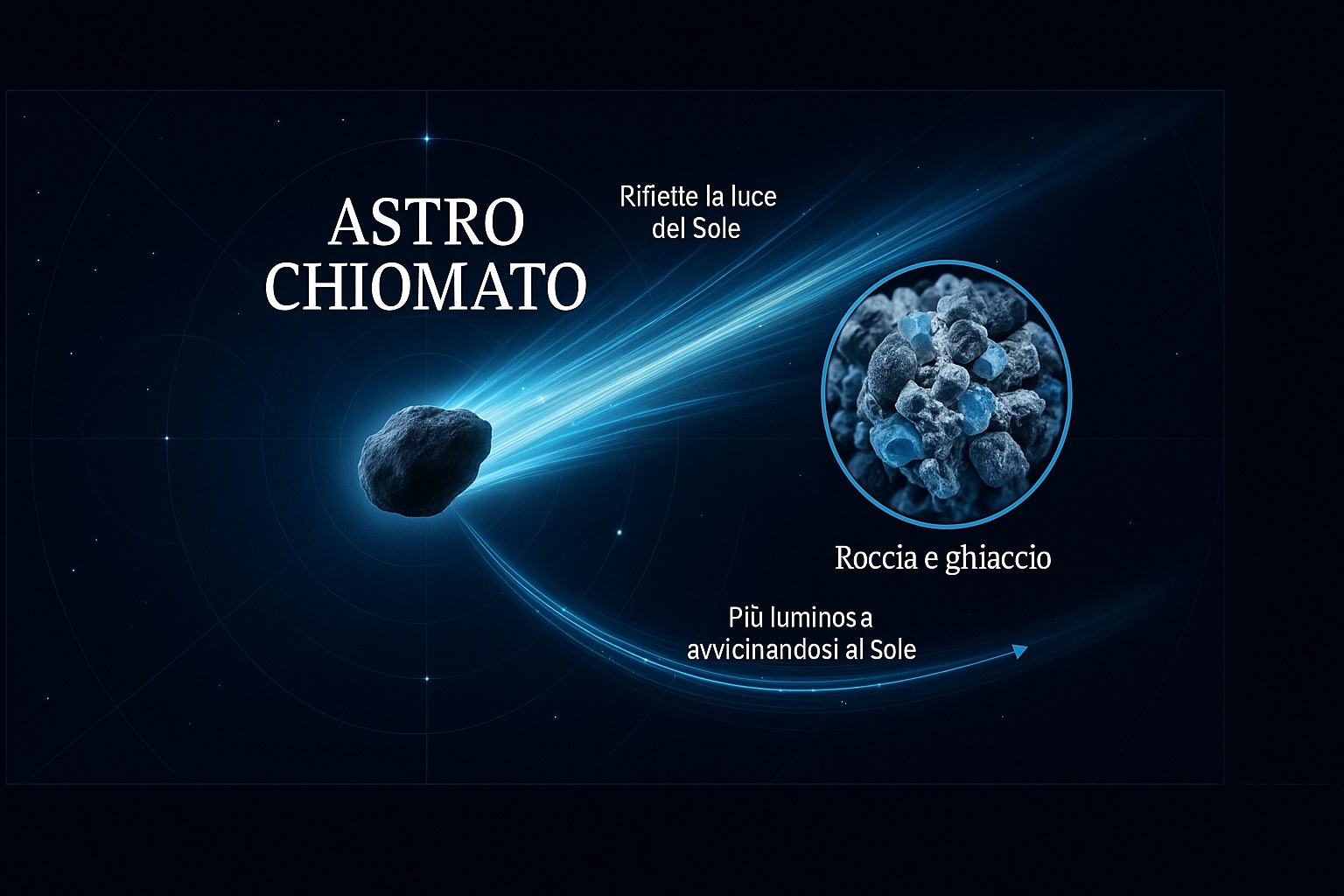 Infografica che spiega la struttura di una cometa con il suo nucleo e la sua chioma