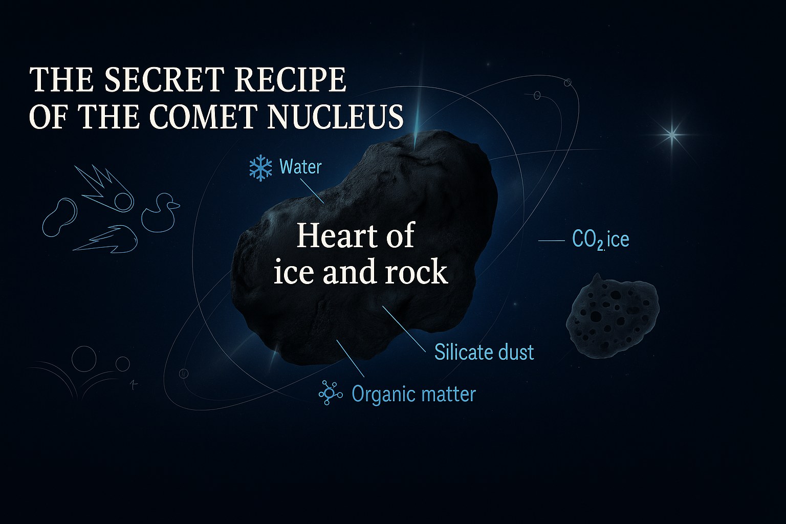 Illustration of a comet nucleus made of ice and space dust
