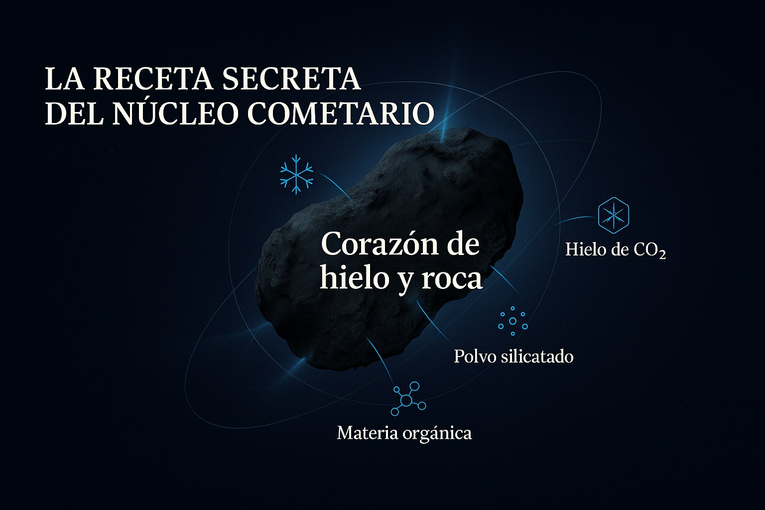 Ilustración de un núcleo cometario compuesto de hielo y polvo espacial