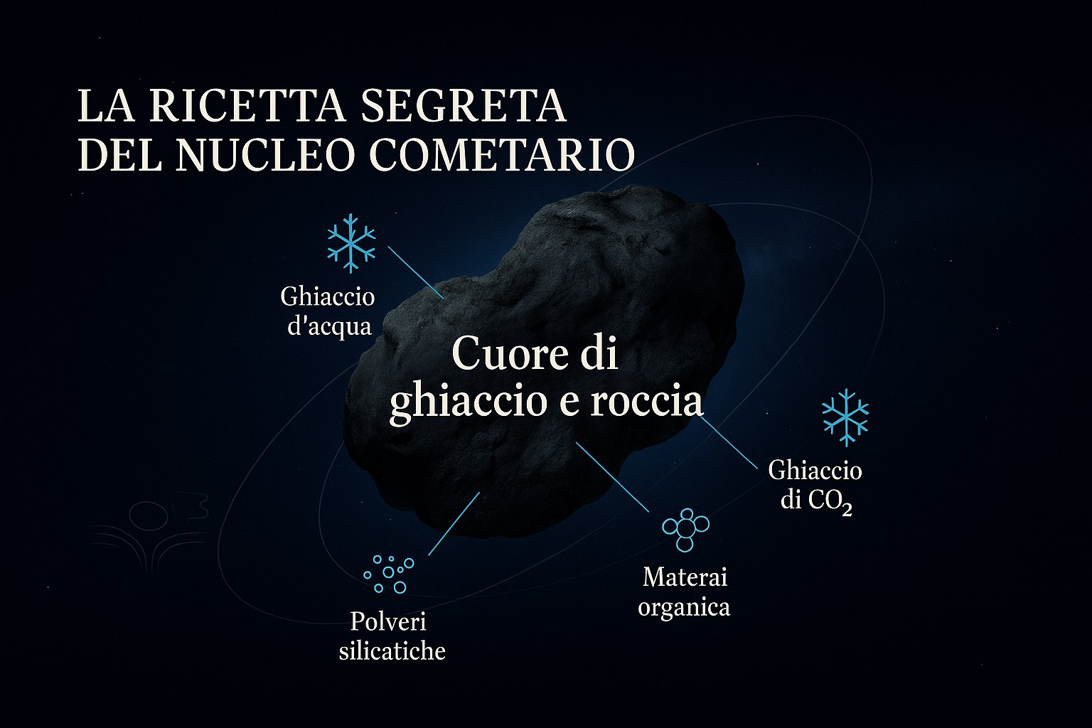 Illustrazione di un nucleo cometario composto di ghiaccio e polvere spaziale
