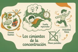 Infografía en acuarela de los cimientos de la concentración: grasas buenas, sueño reparador, menos pantallas y actividad física
