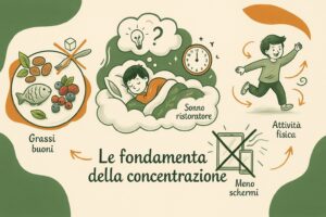 Infografica ad acquerello sulle fondamenta della concentrazione: grassi buoni, sonno ristoratore, meno schermi e attività fisica