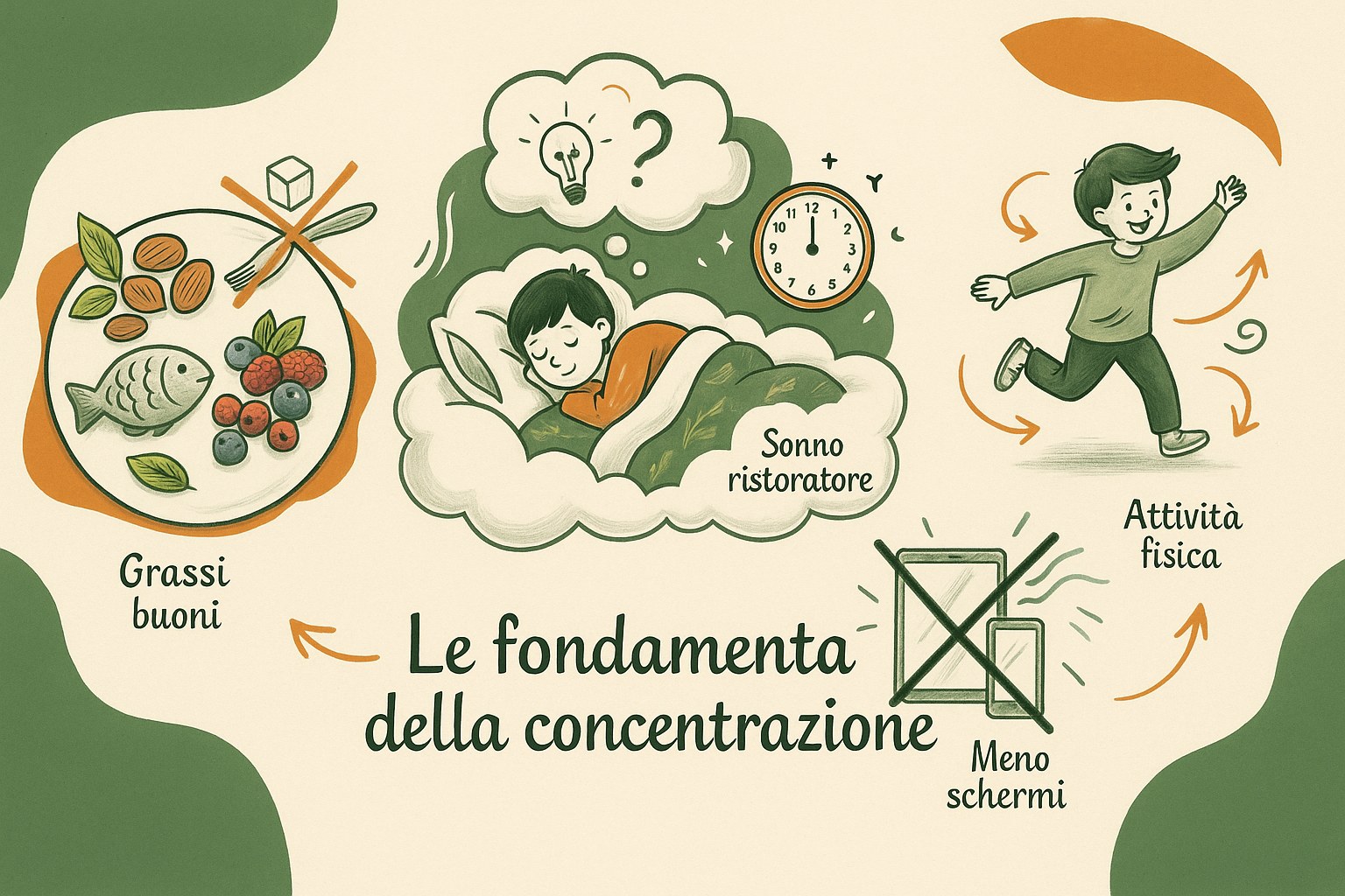 Infografica ad acquerello sulle fondamenta della concentrazione: grassi buoni, sonno ristoratore, meno schermi e attività fisica