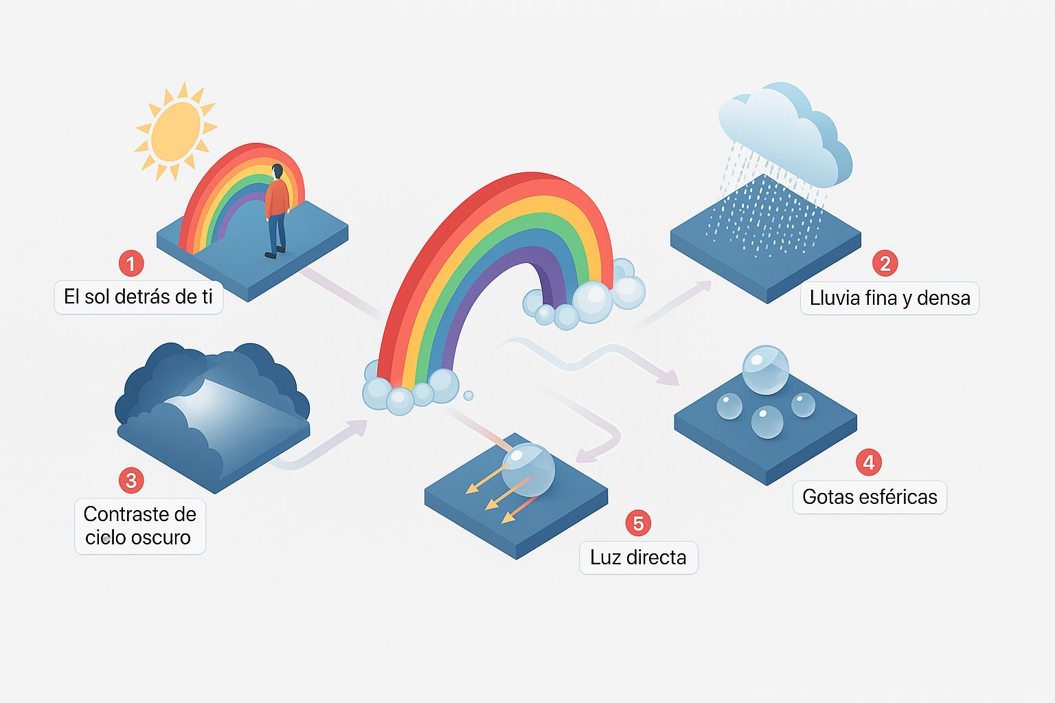 Esquema que explica cómo se forma un arco iris, con los cinco ingredientes: el sol detrás de ti, lluvia fina y densa, contraste de cielo oscuro, gotas esféricas y luz directa