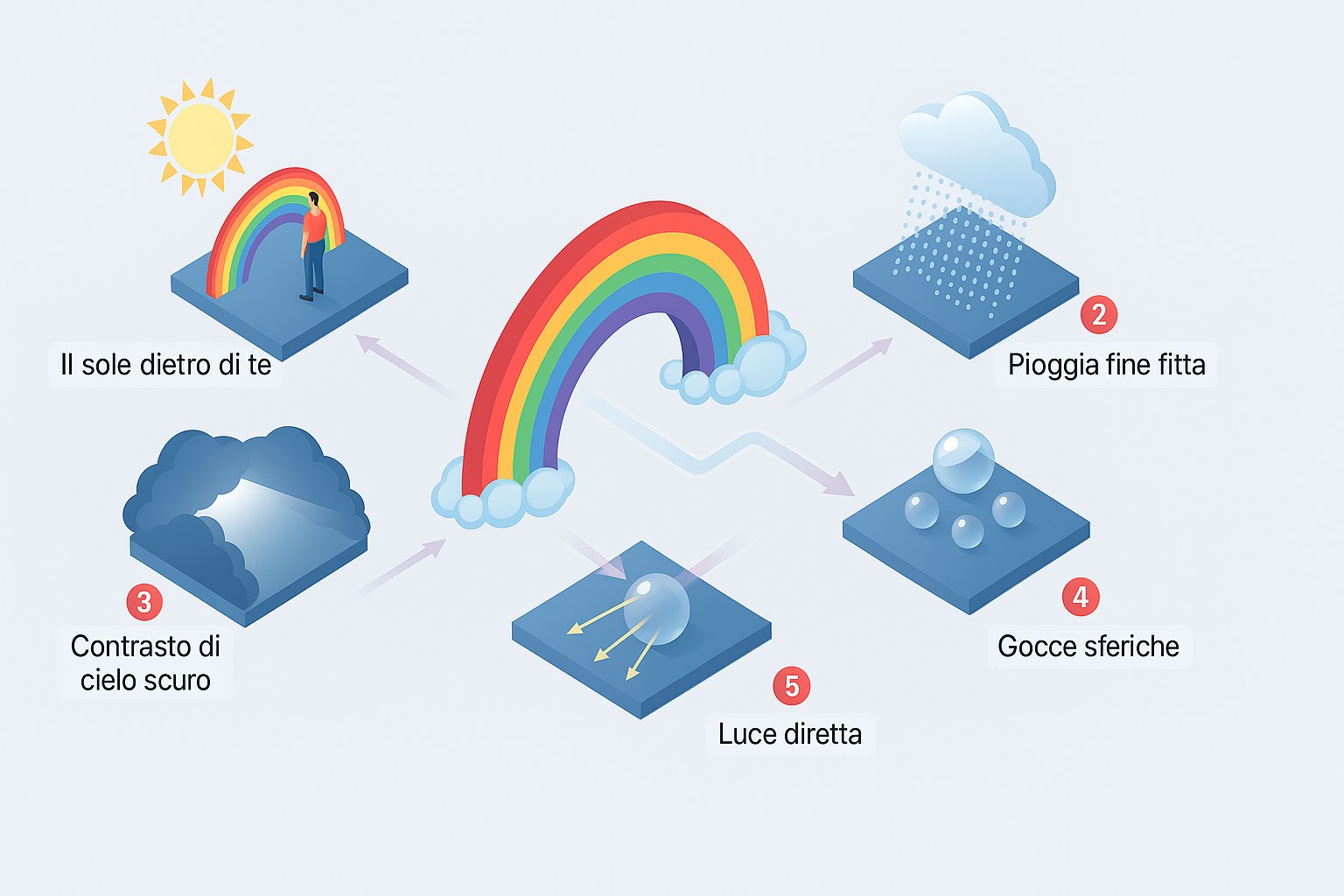 Schema che spiega come si forma un arcobaleno, con i cinque ingredienti: il sole dietro di te, pioggia fine e fitta, contrasto di cielo scuro, gocce sferiche e luce diretta