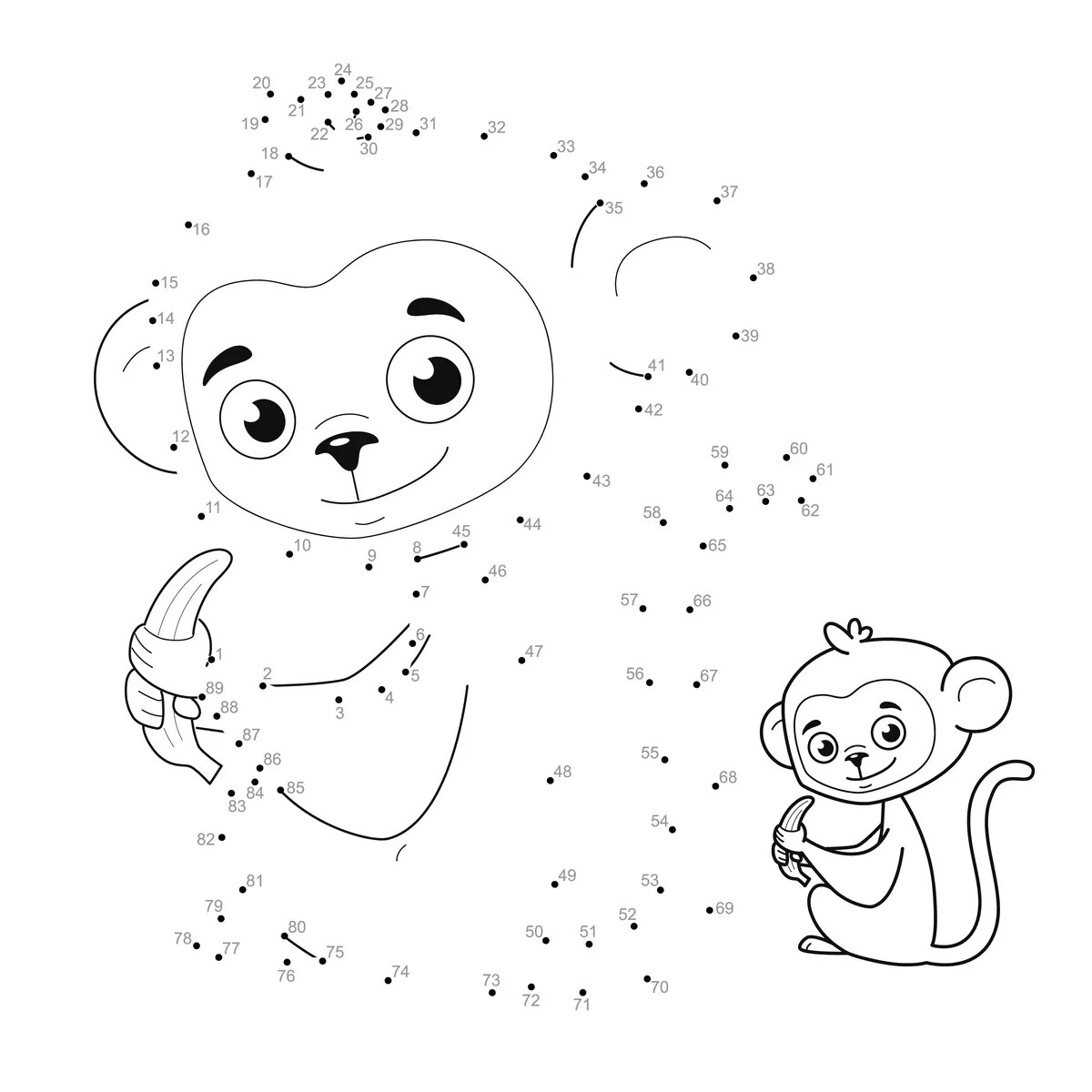 monkey with a banana connect-the-dots to print